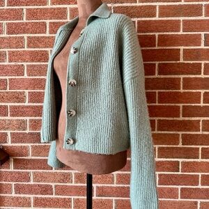 Collared Button Cardigan Ribbed Knit Sweater Mint Green Women, Size S